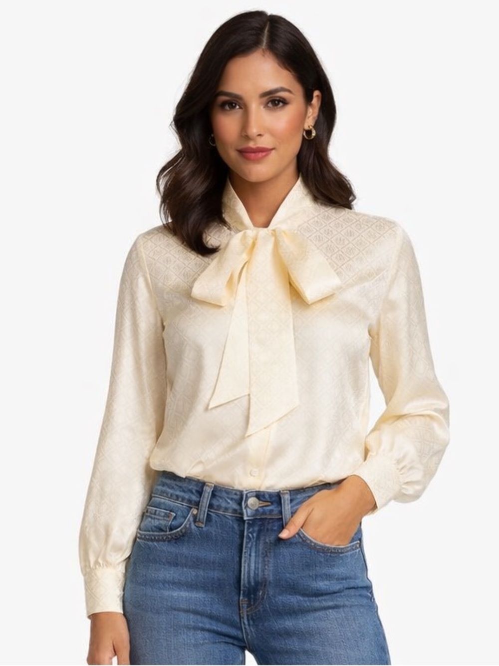 Tory Burch French Cream Silk Jacquard Bow Button Up - Sz. 16